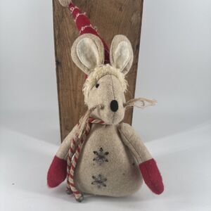 Primitive Mouse Winter Candy Cane Christmas Fabric Cloth 9.75"Tx6"Wx4"D Weighted